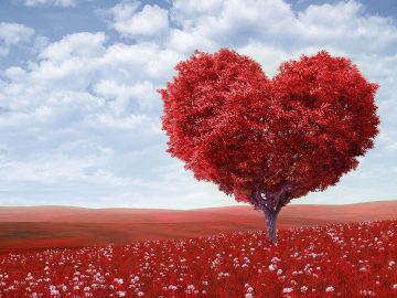 Blue skies with a red heart shaped tree, red hills and red grass