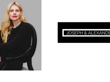 An image in two frames with a blonde lasy in black clothes sitting on a black chair in the left frame and a logo with text Joseph & Alexander on the right frame